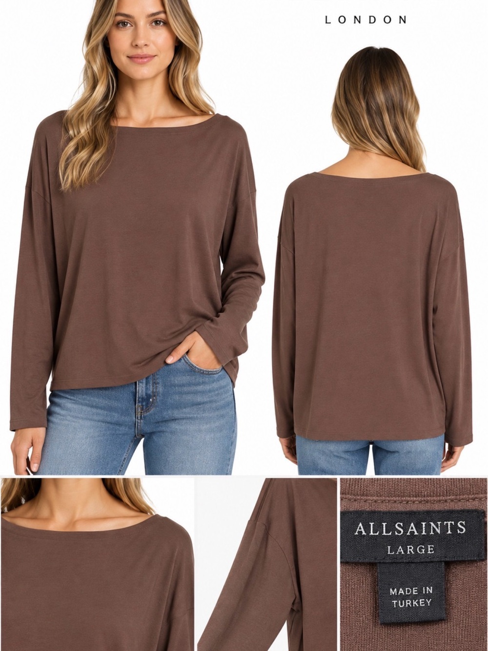 All Saints NWT Brown Boat Neck Relaxed Long Sleeve Top Size Large